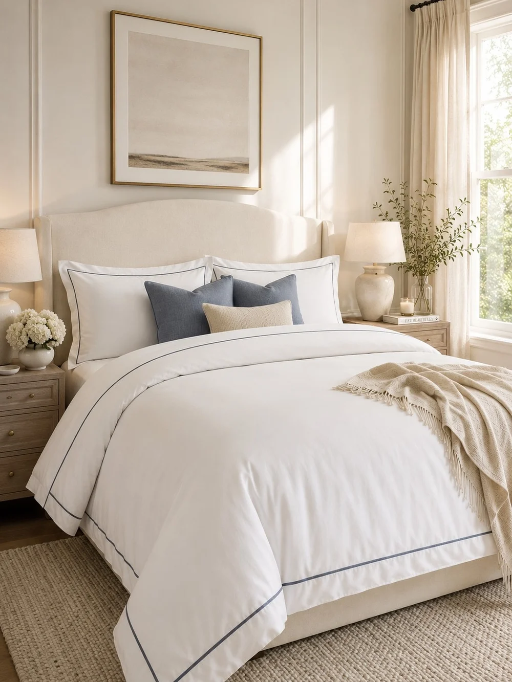 Quince Signature Giza Cotton Sateen Duvet Cover Set White/Mineral Full/Queen NWO